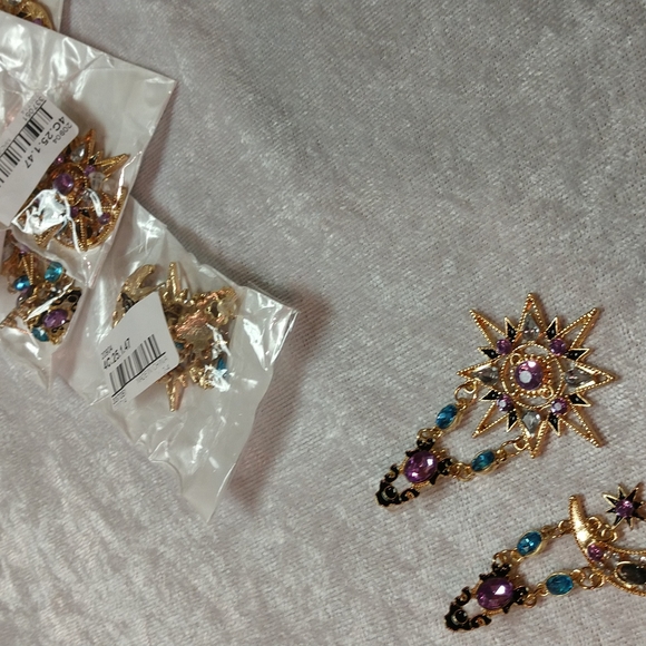 Celestial Earrings Sun Moon Star Dangle 2 6/8" Light - Medium Weight Bling - Picture 4 of 10
